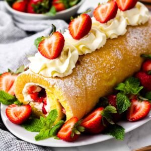 Strawberry Cake Roll decorated with whipped cream and fresh strawberries on a white oval plate.